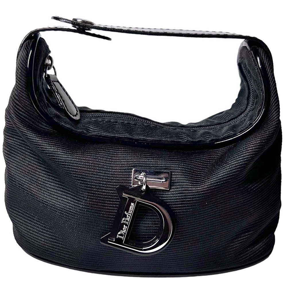AUTH VTG Christian Dior Parfums Black Mini D Logo Charm Makeup Bag Purse